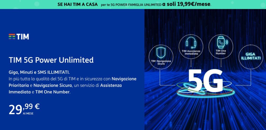 TIM 5G Power Unlimited, tutto illimitato da 19,99 €