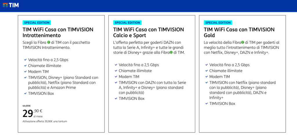 Fibra e TIMVision Intrattenimento a 29,90 €